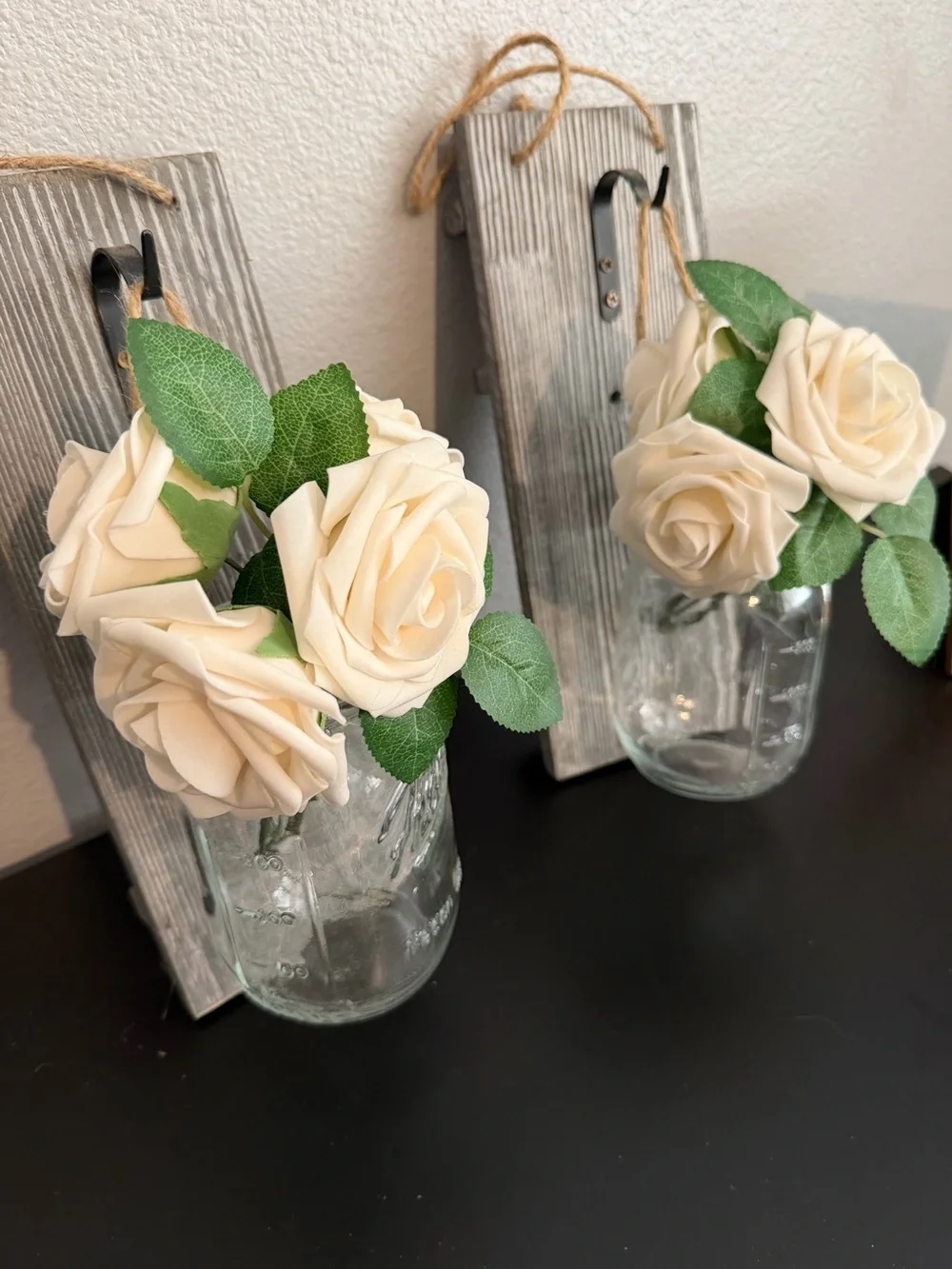 Wooden Hanging Mason Jar Vase with Cream Rose Bouquet